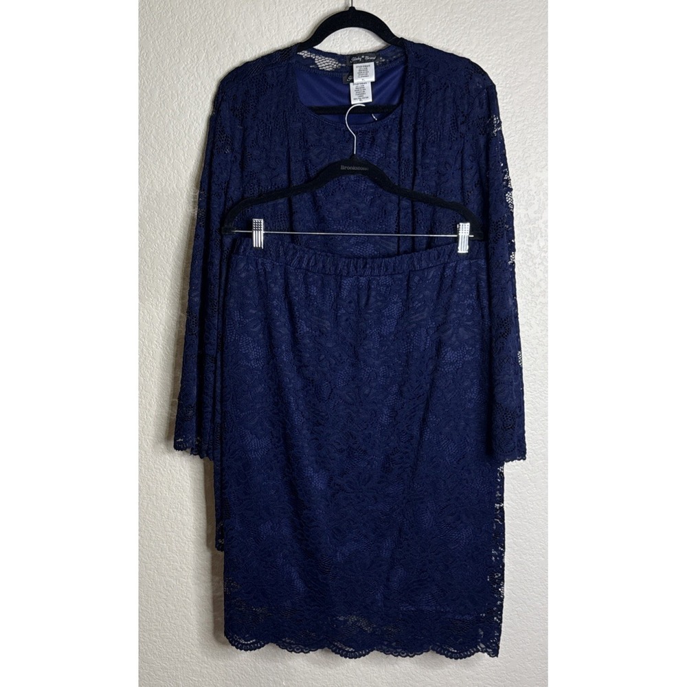 Slinky Brand Womens 1X/2X 3 Piece Set Cardigan Tank Skirt Navy Blue Lace READ